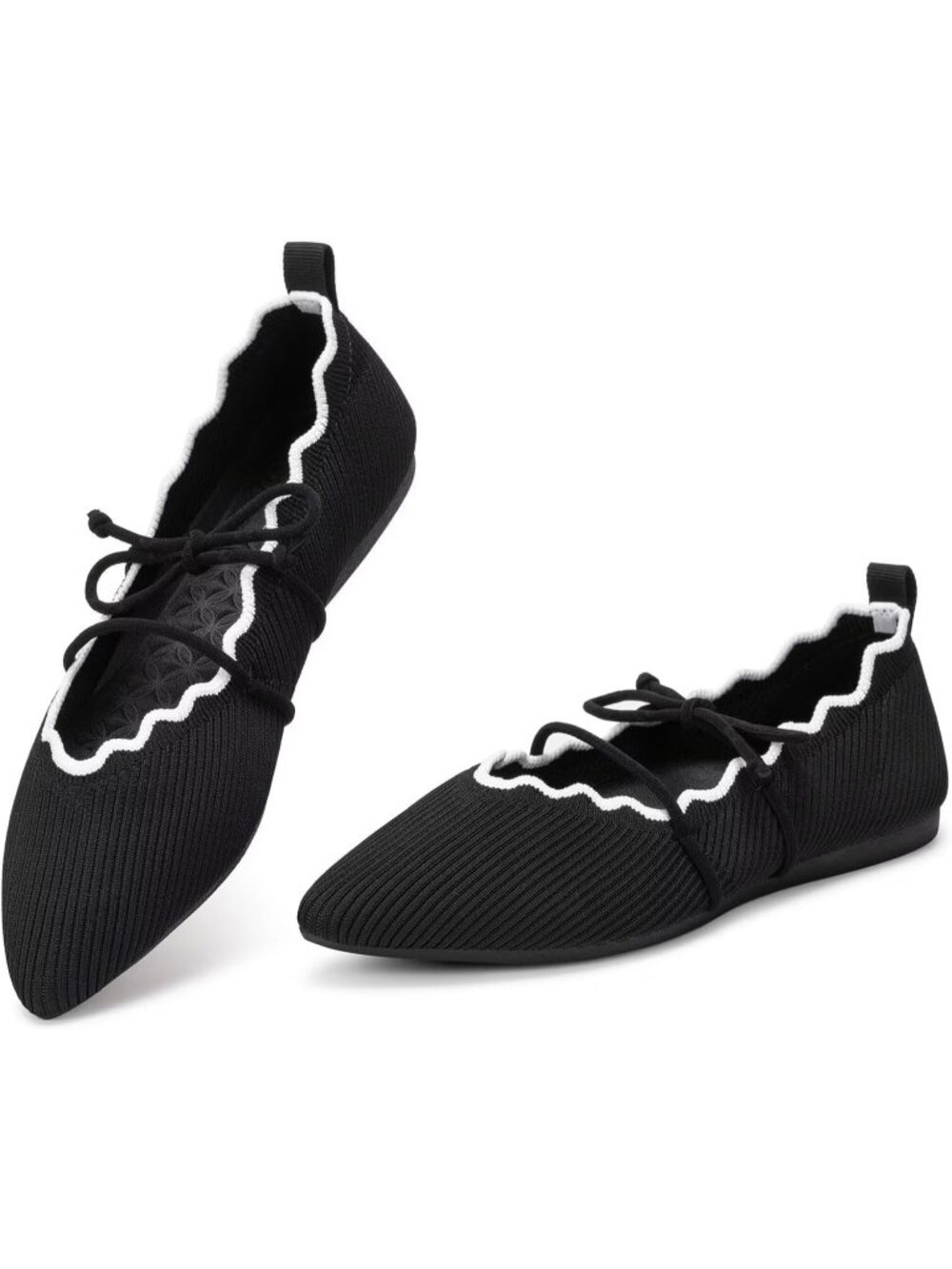 Women's Black Rubber Knitted Slip On Pointed Toe with Ruffled Vamp Elastic Flats